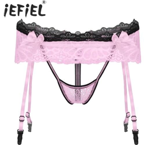 Men Elastic Waistband Cutout Briefs Lace Trim Crotchless Skirted Thong Adjustable Suspenders Panties Low Waist Sheer Underwear