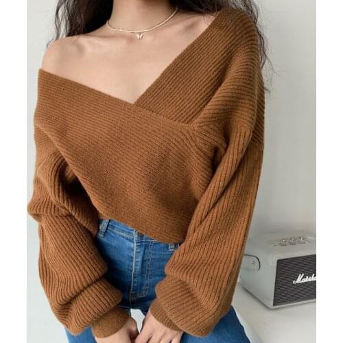 TVVOVVIN Solid Color Off Shoulder Cross V-neck Knitted Sweater Winter Women Clothing Loose Pullover Long Sleeve Tops A92Y