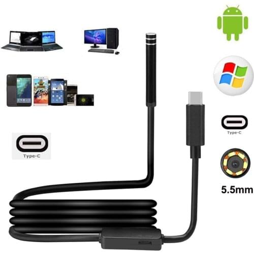 USB Endoscope Android Camera 5.5mm Lens Snake Cable Tube Endoscope Type-C Phone Camera Waterproof Borescope Led Light