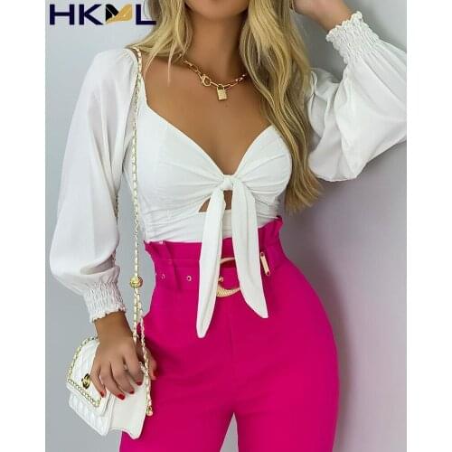 Lantern Sleeve Knotted Shirred Crop Tops Women Blouse
