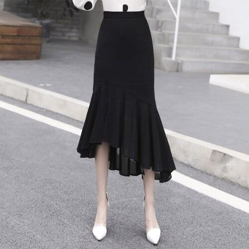 Women Chic Ruffled Mermaid Skirt Classic Medium Long Irregular Bud Skirts Office Lady Trumpet Skirt