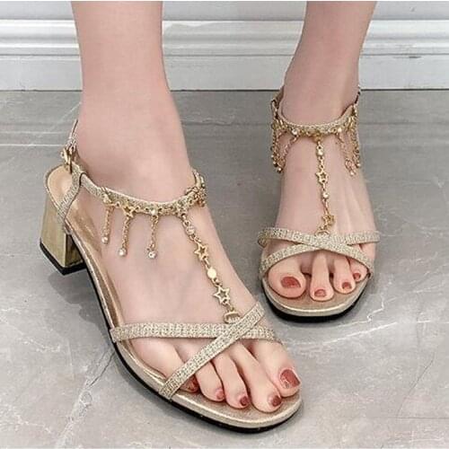 Sandals female thick heel spring summer new fairy style mid-heel high heels rhinestone chain fashion girl shoes C639