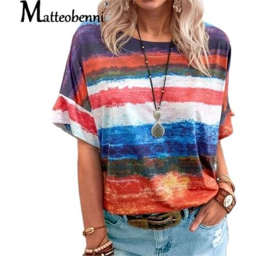 Gradient Striped Print Women T-shirts 2021 Summer Fashion T-shirts New Short Sleeve O-Neck Loose Casual Streetwear Tee-shirt Top