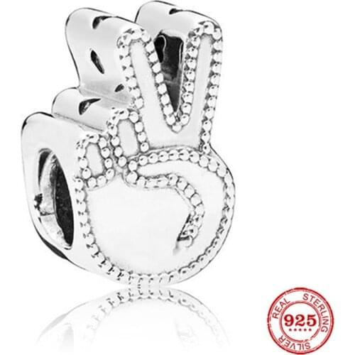 New 925 Sterling Silver White Victory Sign Bead Charm Fit Original Pandora Bracelet DIY Silver 925 Jewelry For Women Gift