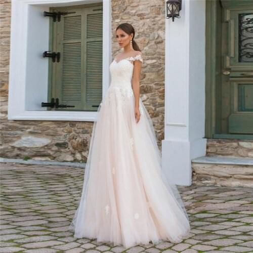 Sexy Sheer Neckline Short Sleeves Lace Appliques Bride Wedding Dress Lace Up Women Garden Bridal Gowns 2021 Pink Tulle платье