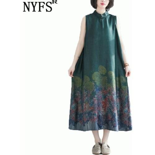NYFS 2021 New Summer dress Sleeveless Vintage Woman Dress Printing long Dress Vestidos Robe