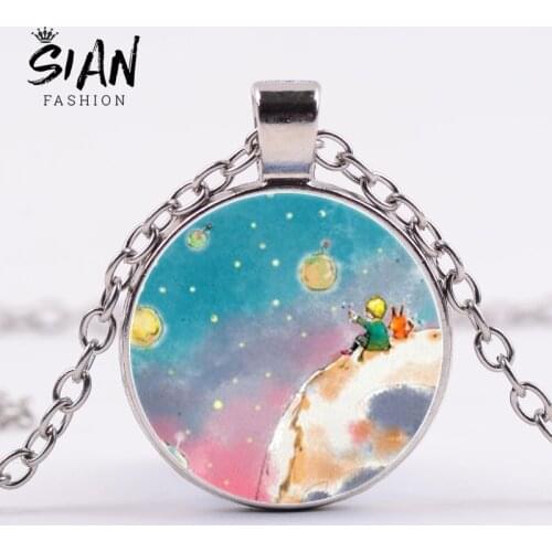 SIAN Classic The Little Prince Crystal Glass Cabochon Pendant Necklace Little Prince Fox Rose Cartoon Necklace Fairy Tale Series