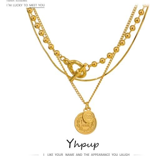 Yhpup Statement Layered Pendant Round Portrait Chain Necklace For Women Copper Choker подвеска Necklace Summer Jewelry Gift 2021