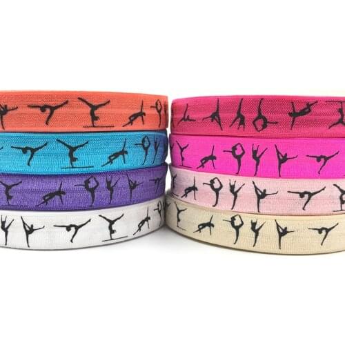 Ribbon wholesale/OEM 5/8'' 16mm colorful gymnastics design sport printed folded over elastic FOE for hair tie