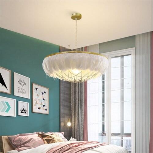Nordic elegant dining room decorative chandelier White feather round led hanging lamp for kids bedroom bar hall indoor lighting