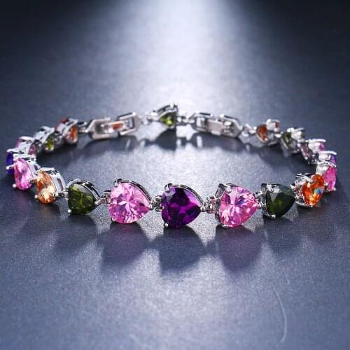 Emmaya Luxury Multicolor Heart Shaped Crystal Chain Link Bracelet AAA Zircon CZ Colorful Bracelets for Women Wedding Jewelry