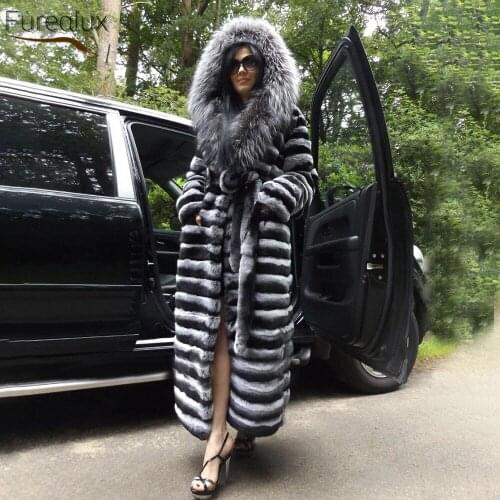 FUREALUX Natural Real Rex Rabbit Authentic Fur Coat With Silver Fox Collar Womens Winter Warm Fashion New Style Pure Jacket