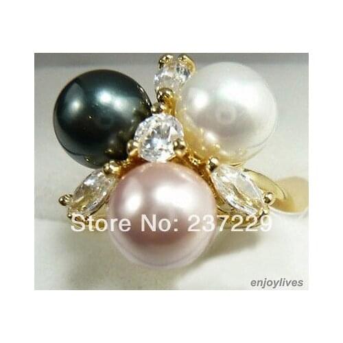 Hot selling>@@ Wholesale price S ^^^^Black White Pink South Sea Shell Pearl Golden Crystal Ring Size: 6.7.8.9 -Bride jewelry fre