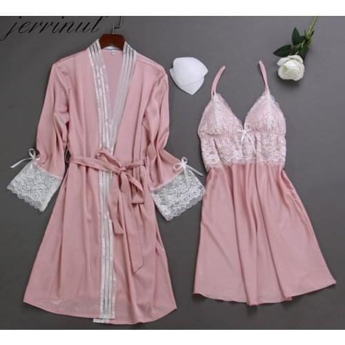Jerrinut 2PCS Womens Satin Silk Woman Lace Robe Female Lace Bathrobe Ladies Sexy Bathrobe Gown Robe Nightgown Sleepwear
