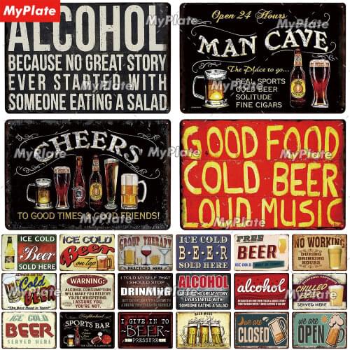 ALCOHOL Metal Sign Vintage Plaque Cheers Tin Sign Plate Wall Decor For Bar Club Man Cave Art Beer Poster Custom