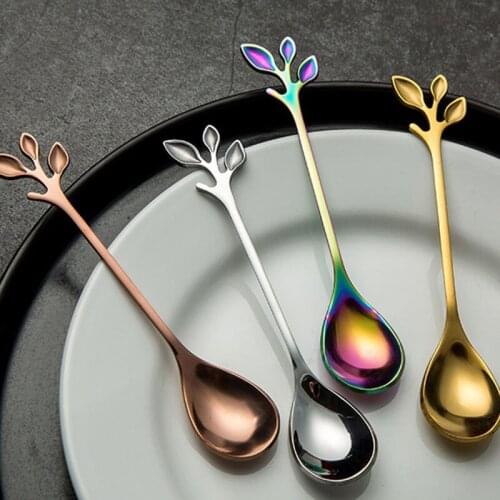 Korean Style Leaf Coffee Tea Spoon 304 Stainless Steel Espresso Spoon Sturdy Honey Scoop Stir Seasoning Spoons Camping Cutlery