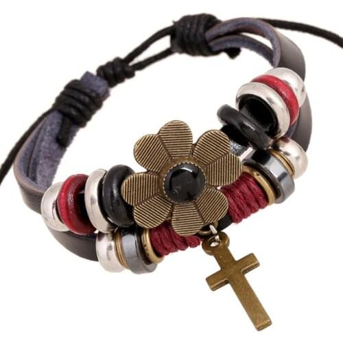 Cross Black Flower Charm Vintage Bracelet Wrap Multilayer Retro Beads Leather Weave Bangle Wristbands Girl Women Fashion Jewelry