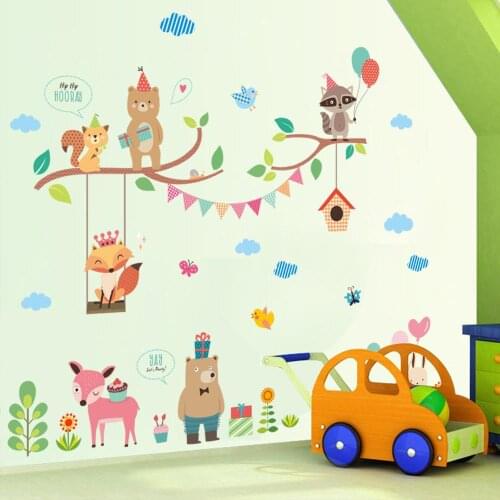 Cartoon Animal PVC Wall Sticker DIY Fox Lion Kids Rooms Decals Adhesive Poster