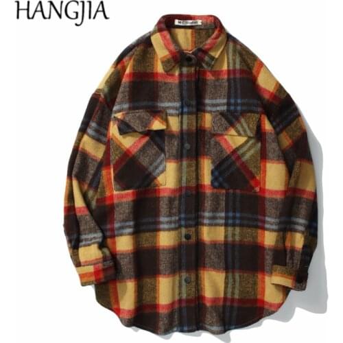 Mens Brushed Flannel Plaid Jacket Shirts Hip Hop Woollen Oversized Striped Lattice Jackets Outwear Women Thicking Autumn Winter