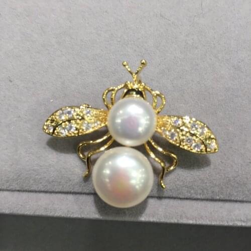 Natural fresh water pearl bee brooch pins copper with cubic zircon fashion women jewelry free shipping
