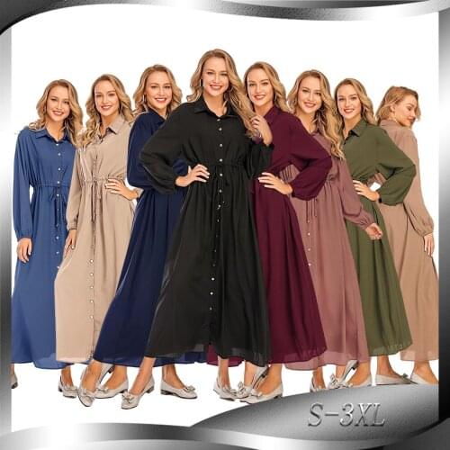 Lapel Solid Color Full Button Slim Dress Long Dress islamic clothing clothes for muslim women abaya dubai