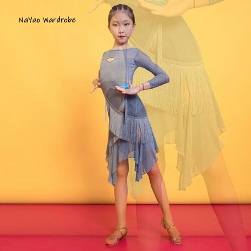 2021 New G3296 Kids Latin Dance Dress Long Sleeve Tassel Design Girl Latin Dancing Cloth Stage Ballroom Dancewear