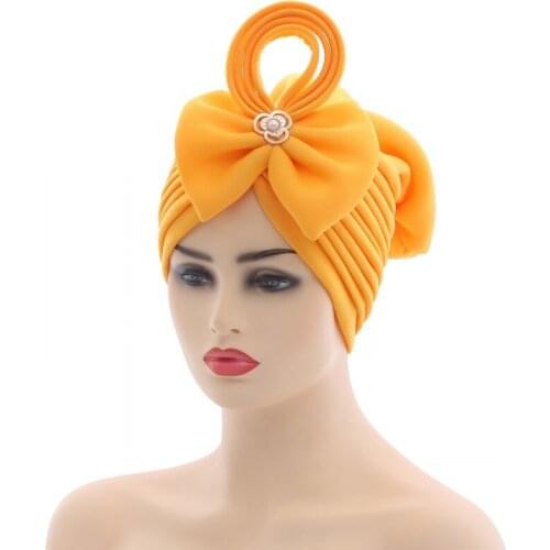 Pleated African Turbans Women Appliques Full Cover Inner Hijab Caps Fashion Solid Color Sreetwear African Bonnet Head Wraps Hats