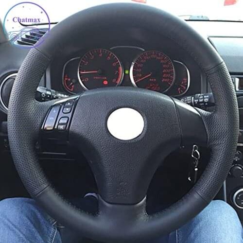 DIY For Mazda 3 5 6 M3 M5 M6 2003-2010 Hand Stitch Car Steering Wheel Cover Genuine Black Leather Wrap