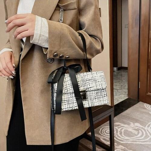 Houndstooth Bag Female 2021 Summer New Style Ribbon Shoulder Messenger Female Bag Wool Ribbon Clutch Fashion Pattern Handbag