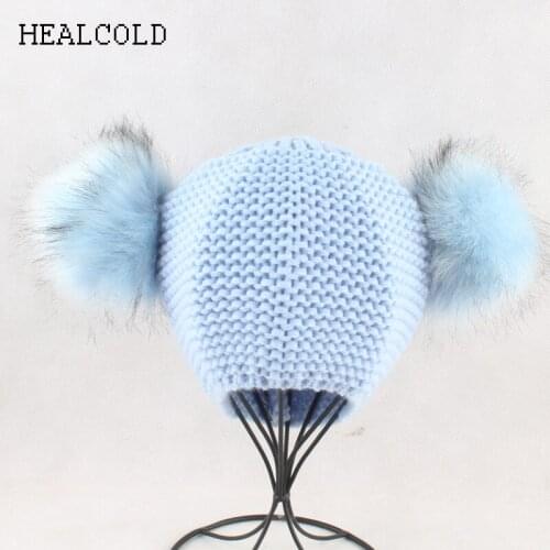 Warm Thick Knitted Skullies Beanies Winter Children Hats Baby Caps Double Fur Pompom Kids Cap For Boy Girl