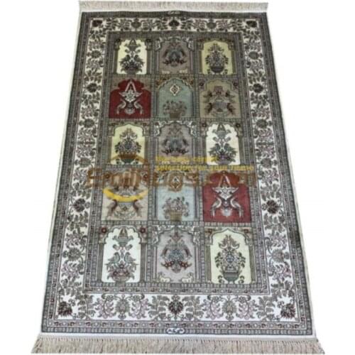 Traditional Green Oriental Hand Made Carpet Kashmir Silk Persian Area Rug