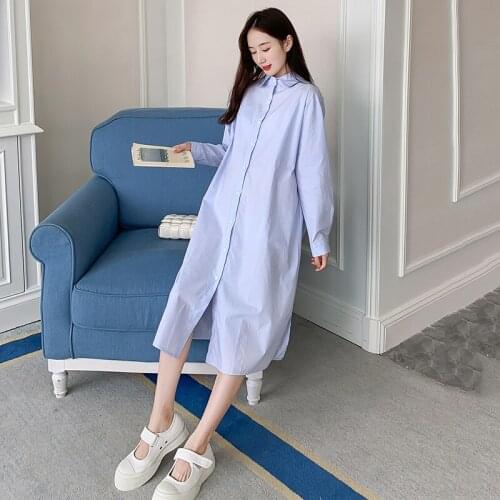 Solid Color Long Shirt Dress Loose Office Casual Button Maternity Dresses Pregnancy Clothes for Pregnant Women Cotton Clothings