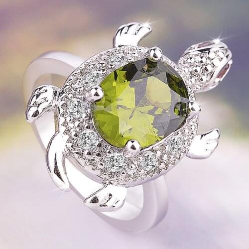 Cute Animal Green Turtle Vintage 925 Silver Crystal Zircon Stone Ring Female Girl Party Jewelry