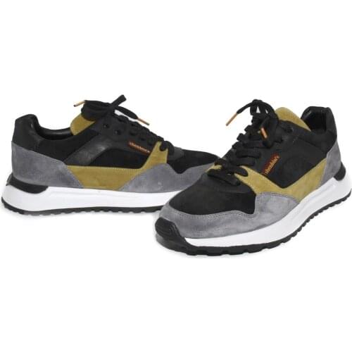 Handmade Suede Leather Sport Running Shoes with Lightweight EVA Soles, Mustard Grey Black, Mens Premium Collection