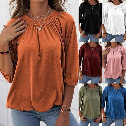 2021 Autumn Trend Fashion New Round Neck Casual Round Neck Shirt Style Three Quarter Sleeves Solid Color Top T Shirt Women