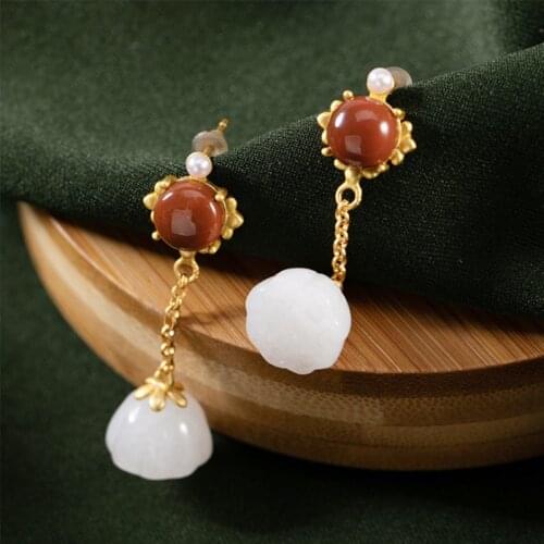 Uglyless Ethnic Lotus Flowers Earrings for Women Natural Agate Jade Lotus Vintage Jewelry Gold Brincos 925 Silver Pearls Earring