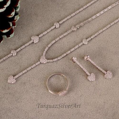 Woman Engagement Cubic Zirconia 925 Silver Jewelry Set, Zircon Ring, Heart Zirconia Bracelet, Zirconia Necklace Woman