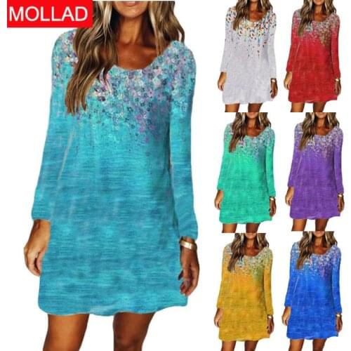 2021 Europe and America Autumn and Winter Womens round Neck Loose Printed Long Sleeve Dress
