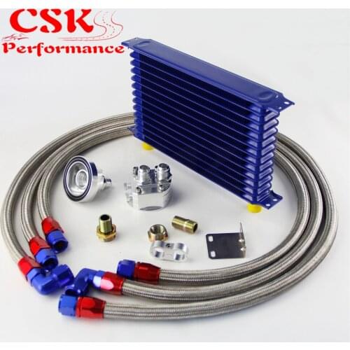 13 Row 262mm AN10 Universal Engine Transmission Oil Cooler Trust Type + Filter Adapter Kit Silver/Blue