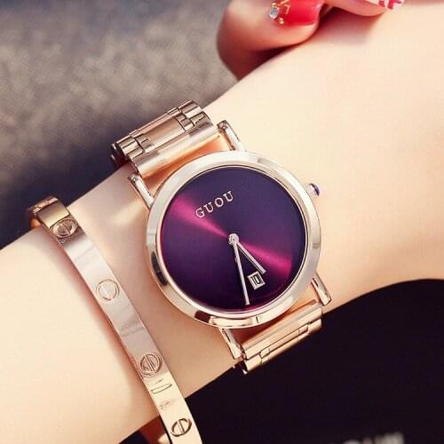 2018 Luxury High Quality GUOU Rose Gold Stainless Steel Bracelet Quartz Wristwatches Wrist Watch for Women Girls Japan Movt