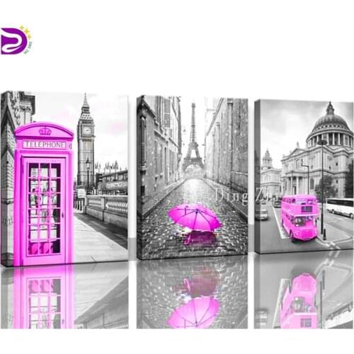 5D Diamond Painting Pink Theme Bus and Umbrella Cross Stitch Diamond Mosaic Picture Of Embroidery Triptych City Landscape Decor