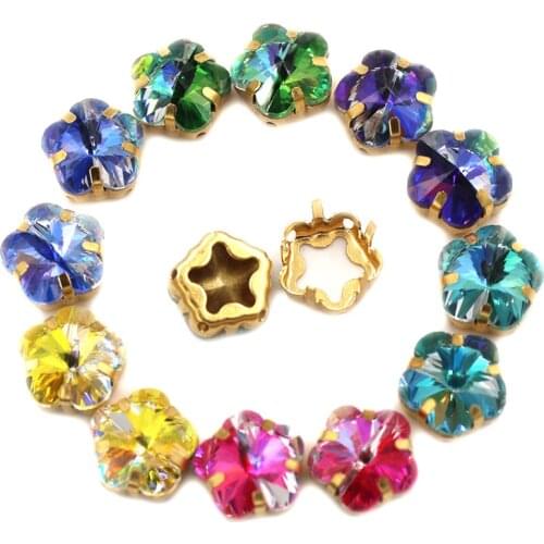 Clothing Accessories 10mm Plum Bossom Shape Glass Crystal Gold Claw Setting Margarita Laser Rhinestones Sew On Dress/Shoes/Bags