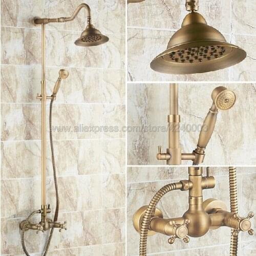 Antique Brass Bathroom Rainfall Shower Faucet Set Dual Handle Mixer Tap With Hand Sprayer Wall Mounted Bath Shower Sets Krs022