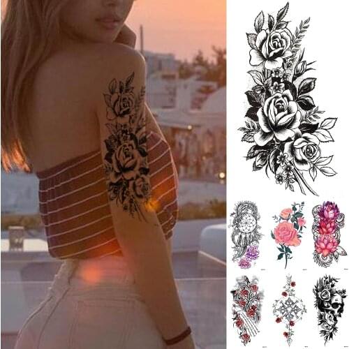 Black Lace Skull Rose Waterproof Temporary Tattoo Sticker Flash Tattoos Body Art Arm Fake Tatoo Women Men