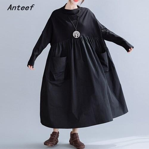 Long sleeve plus size black cotton dresses for women casual loose spring autumn dress elegant clothing 2021