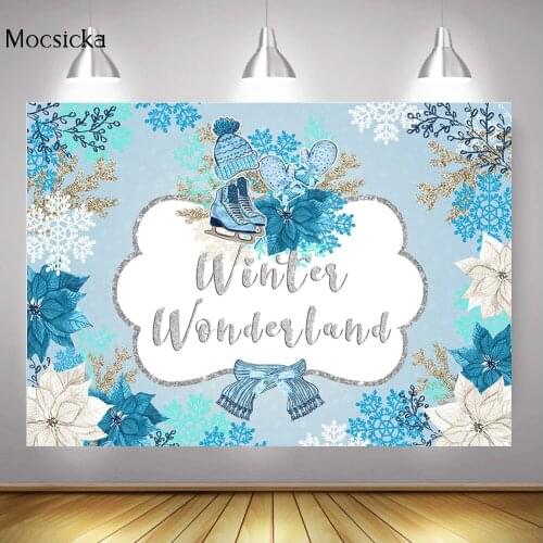 Winter Wonderland One Birthday Party Backdrop Blue Flowers Snowflake Skate Shoes Background Skating Baby Shower Photo Shoot