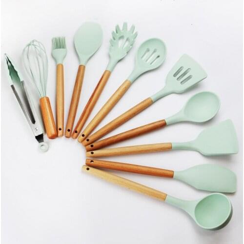 Creative Kitchen Tool Silicone Wood Handle Kitchenware 11 Sets Customizable Silicone Pot Shovel and Spoon Set cooking tools