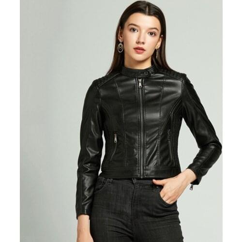 Womens PU Leather Jacket, Moto Biker Jacket with Zip Pockets, Vintage Short Coat for Autumn Spring