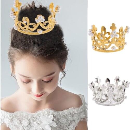 Mini Round Crown Rhinestone Pearl Tiara Cake Topper Children Hair Accessories