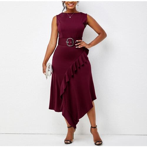 MISSJOYS Women Elegant Round Neck Sleeveless Belted Pure Color Dress Fashion Ruffled Irregular Hem High Waist Midi Dress
